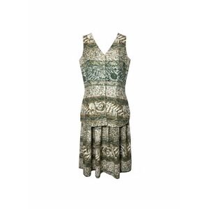 Potomac Collection Womens 100% Silk 2 Piece Set Vest Midi Skirt Green Tan Small